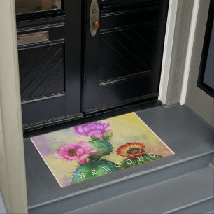 Purple Pink Red Cactus Flowers Painting - Welcome Doormat