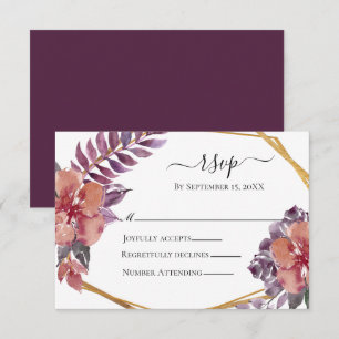 Purple Pink Red Floral Watercolor Gold Wedding RSVP Card