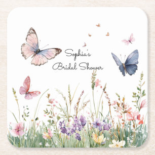Purple Pink Red Flowers Butterflies Bridal Shower Square Paper Coaster
