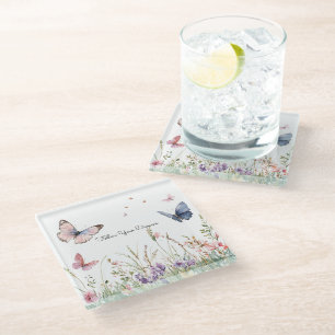 Purple Pink Red Flowers Butterflies Glass Coaster