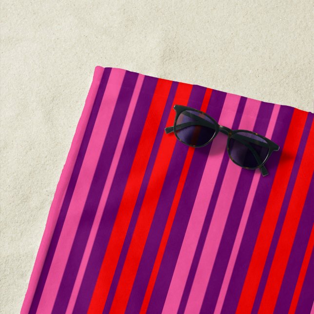 Purple Pink Red Vertical Stripes Design   Beach Towel (In Situ)