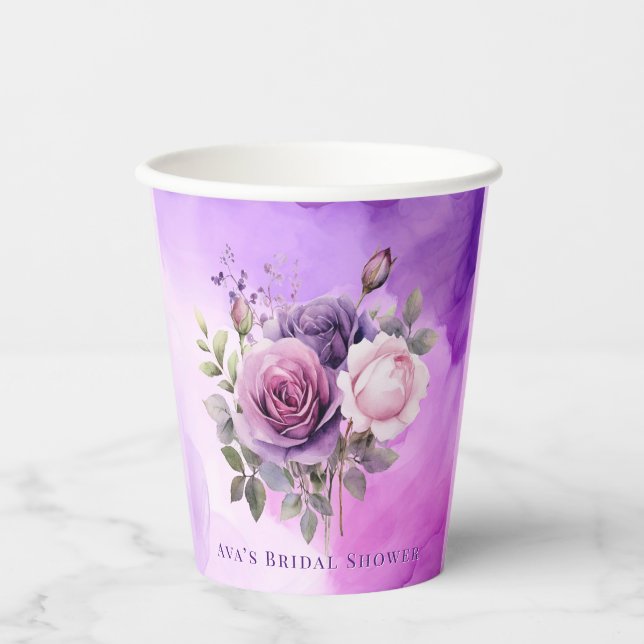 Purple Pink Rose Alcohol Garden Bridal Shower Paper Cups (Front)