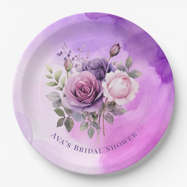 Purple Pink Rose Alcohol Garden Bridal Shower Paper Plate (Front)
