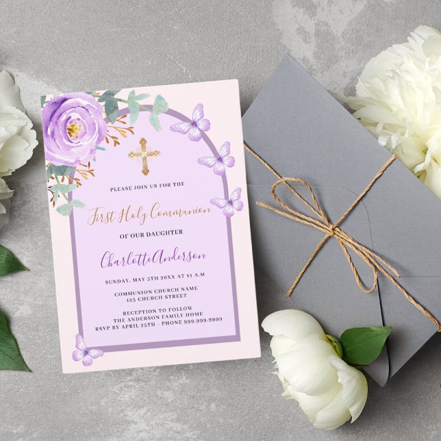 Purple pink rose butterflies arch First Communion Invitation (Creator Uploaded)