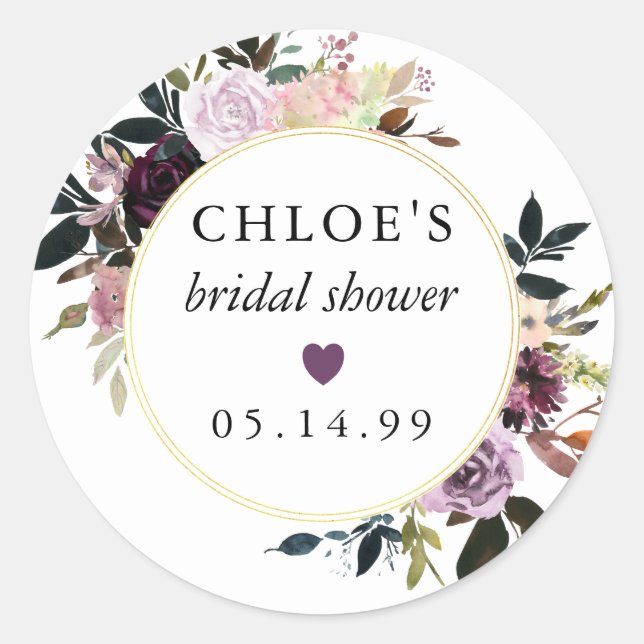 Purple Pink Rose Floral Bridal Shower Favour Classic Round Sticker (Front)