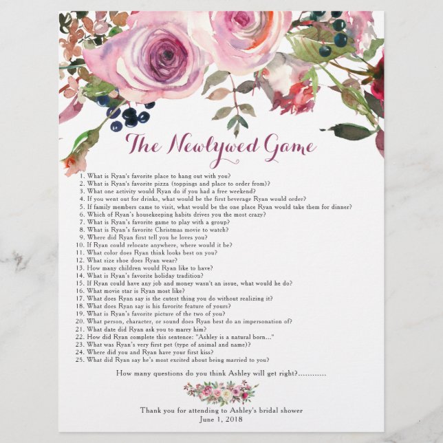 Purple Pink Rose Floral Bridal Shower Games Flyer (Front)