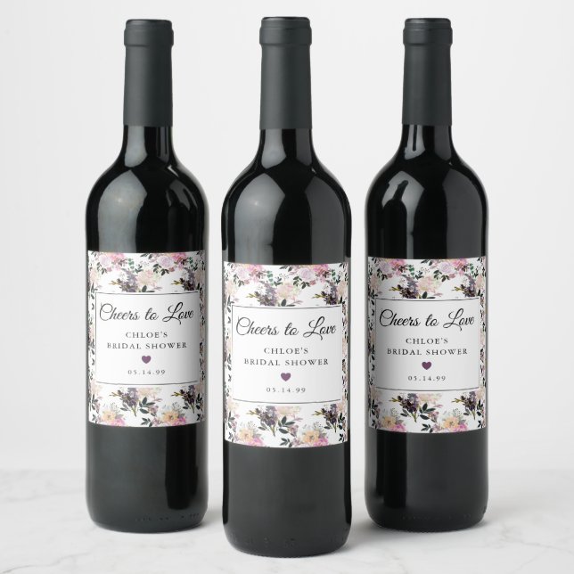 Purple Pink Rose Floral Bridal Shower Wine Label (Bottles)