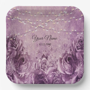 Purple Pink Rose Floral Lilac Vintage Wedding Paper Plate