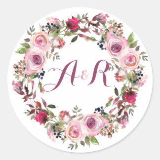Purple Pink Rose Floral Monogram Wedding Classic Round Sticker