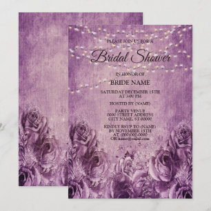 Purple Pink Rose Floral Vintage Bridal Shower Invitation