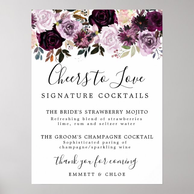 Purple Pink Rose Signature Cocktails Wedding Sign (Front)