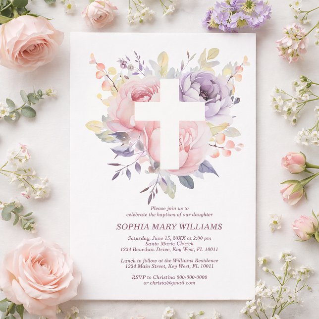 Purple Pink Rose & White Cross Girl Baptism  Invitation (Creator Uploaded)