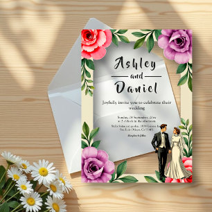 Purple Pink Roses Couple Watercolor Floral Wedding Acrylic Invitations
