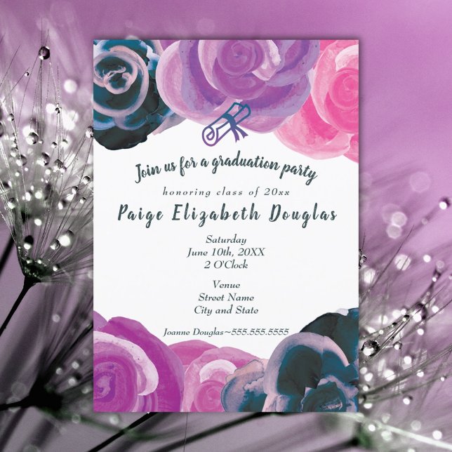 Purple Pink Roses Graduation Party Invitations (purple pink floral graduation party invitation for girl)