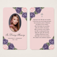 Purple Pink Roses Silver Cross Funeral Prayer Card
