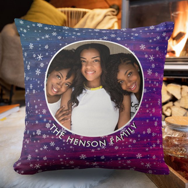 Purple Pink Rustic Wood Snowflake Christmas Photo Cushion (Creator Uploaded)