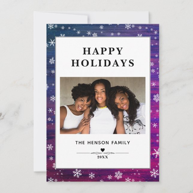 Purple Pink Rustic Wood Snowflake Christmas Photo Holiday Card (Front)