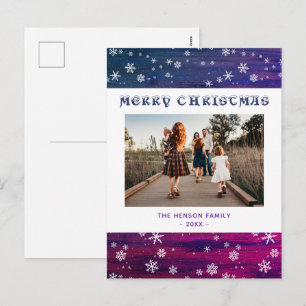 Purple Pink Rustic Wood Snowflake Christmas Photo Holiday Postcard