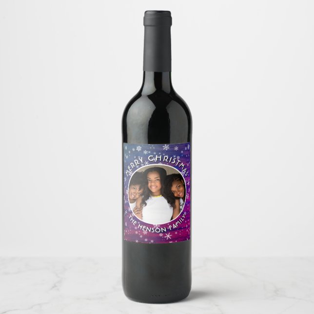 Purple Pink Rustic Wood Snowflake Christmas Photo  Wine Label (Front)