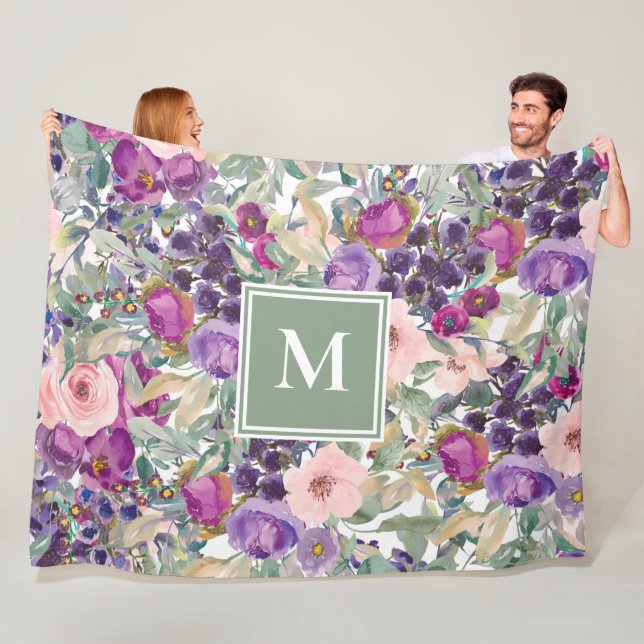 Purple Pink Sage Green Boho Flowers Monogram Fleece Blanket (In Situ)