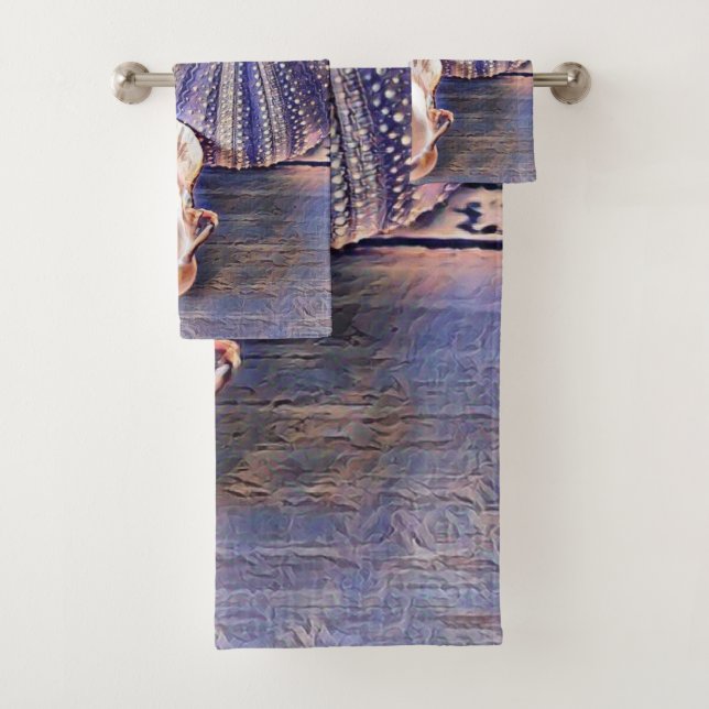 Purple pink seashells on wood watercolor  bath towel set (Insitu)