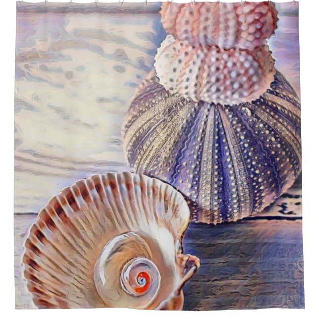 Purple pink seashells on wood watercolor  shower curtain (Front)