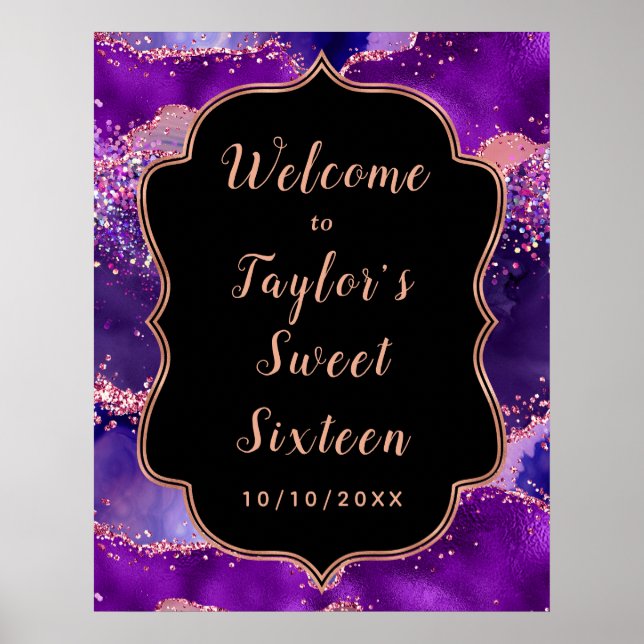 Purple Pink Sequins Agate Sweet Sixteen Welcome Poster (Front)