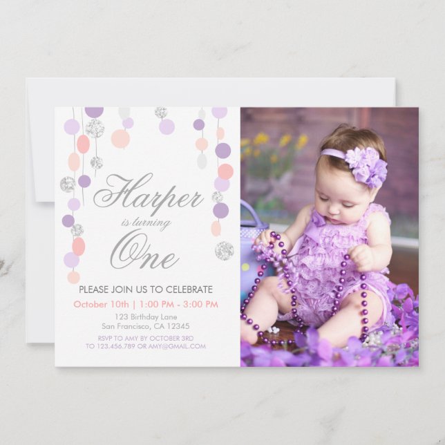 Purple pink silver Glitter Birthday invitation (Front)
