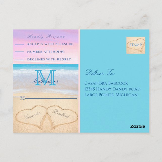 Purple pink sky hearts in the sand Beach Wedding P Postcard (Back)