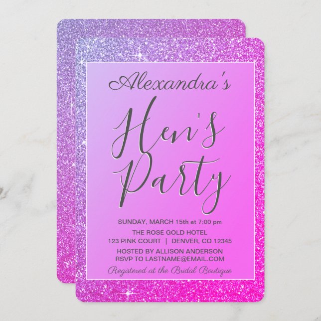 Purple Pink Sparkle Glitter Hen's Party Invitation (Front/Back)