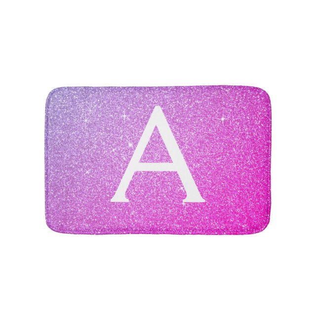 Purple Pink Sparkle Glitter Monogram Name Bath Mat (Front)