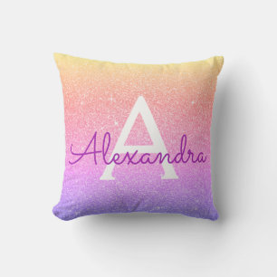 Purple Pink Sparkle Glitter Monogram Name Cushion