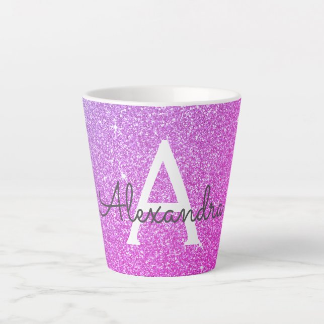 Purple Pink Sparkle Glitter Monogram Name Initial Latte Mug (Front)