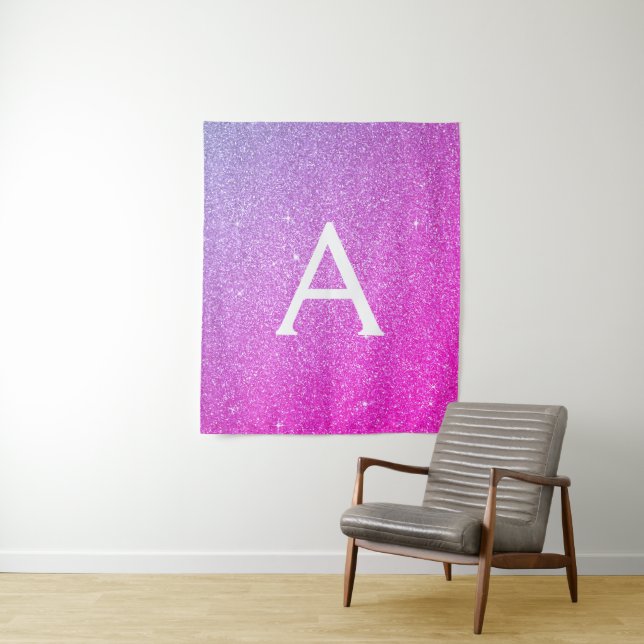 Purple Pink Sparkle Glitter Monogram Tapestry (In Situ)