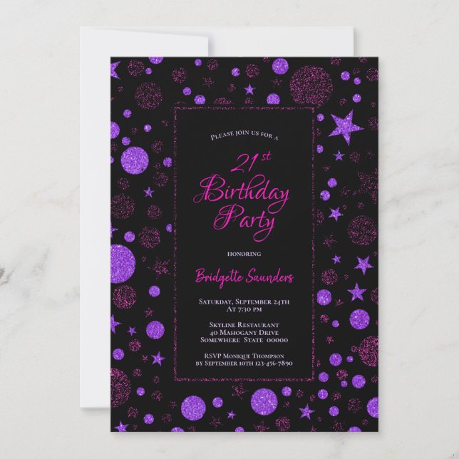 Purple Pink Spots and Stars 21st Birthday Party Invitation (Front)