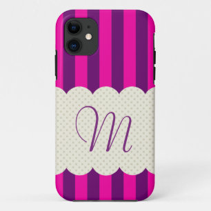 Purple Pink Stripes Polka Dots Monogram iPhone 11 Case