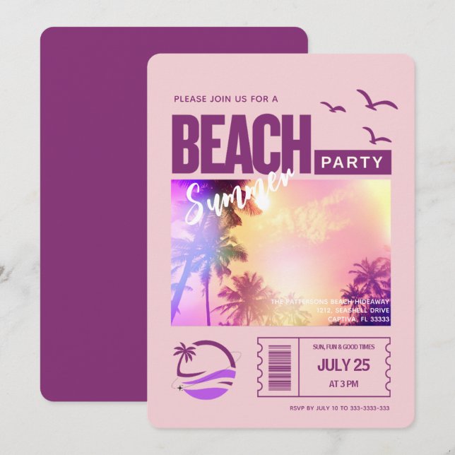 Purple Pink Summer Beach Party Invitation (Front/Back)