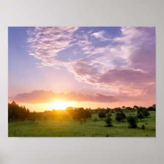 Purple Pink Sunset Over Green Field - Dreamy Tree  Poster