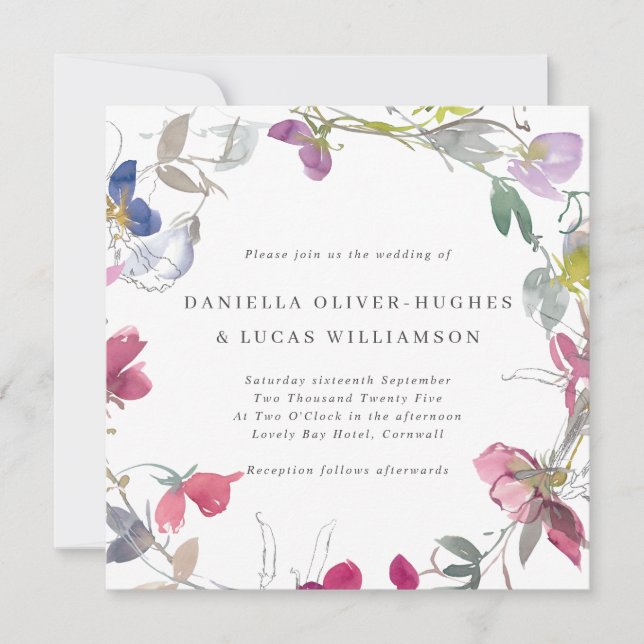 Purple & Pink Sweet Pea Wreath Square Wedding Invitation (Front)