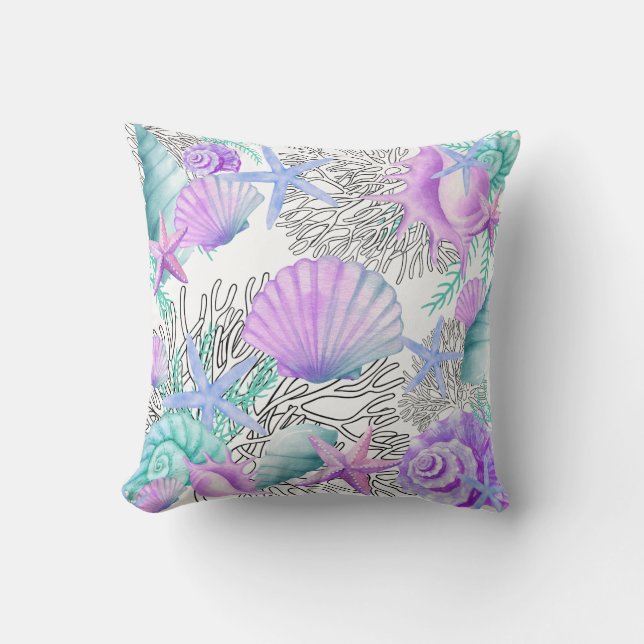Purple Pink Teal And White Seashells Cushion (Front)