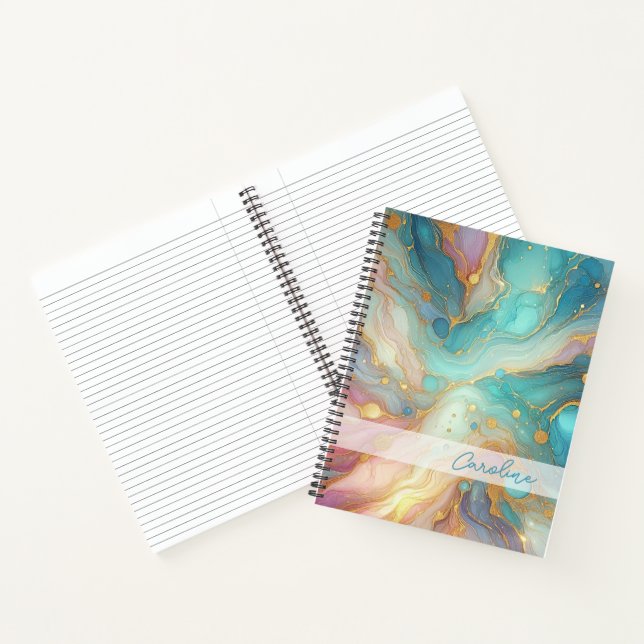 Purple Pink Teal Aqua Blue Gold Marble Art Pattern Notebook (Inside)