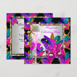 Purple Pink Teal Blue Masquerade Party Birthday Invitation