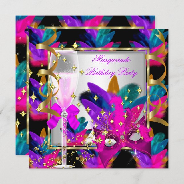 Purple Pink Teal Blue Masquerade Party Birthday Invitation (Front/Back)