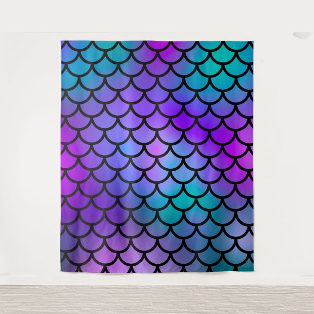 Purple Pink Teal Blue Mermaid Photography Backdrop Tapestry (Front)