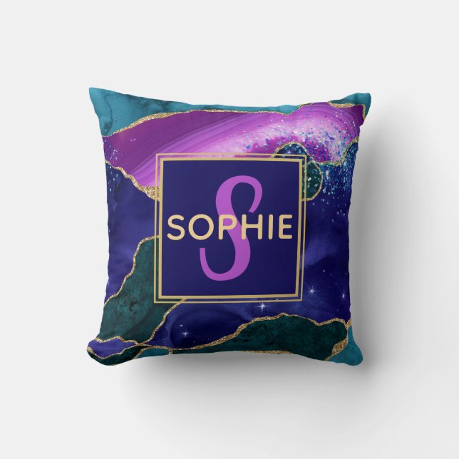 Purple, Pink & Teal Faux Gold Glitter Agate Cushion (Front)