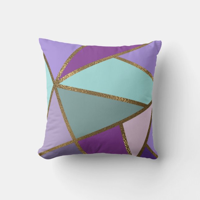 Purple Pink Teal Turquoise & Bronze Gold Geometric Cushion (Front)