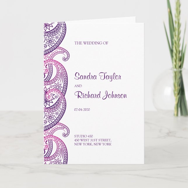 Purple & Pink Traditional Indian Paisley Wedding Programme (Front)