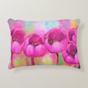 Purple Pink Tulips - Spring Art Original Painting Decorative Cushion