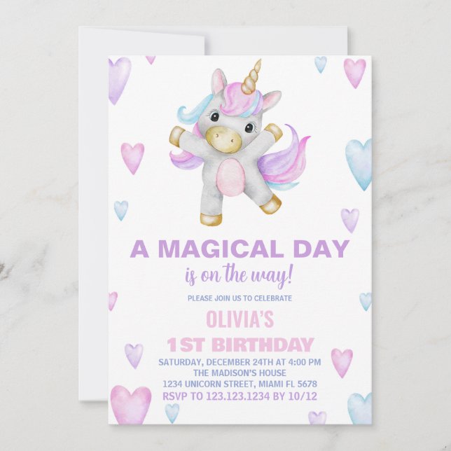Purple Pink Unicorn Birthday Invitations (Front)