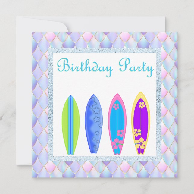 Purple pink unicorn merma Surfboard invitation new (Front)